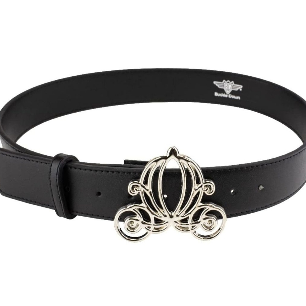 Buckle-Down womens Disney Belt, Cinderella Carriage Silver Buckle, Black Vegan L